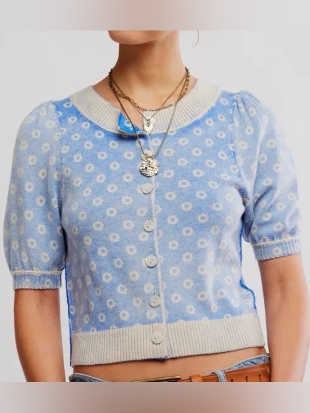 NWT Free People Isla Cardigan Sweater Womens XS Blue Cashmere Wool Short Sleeve